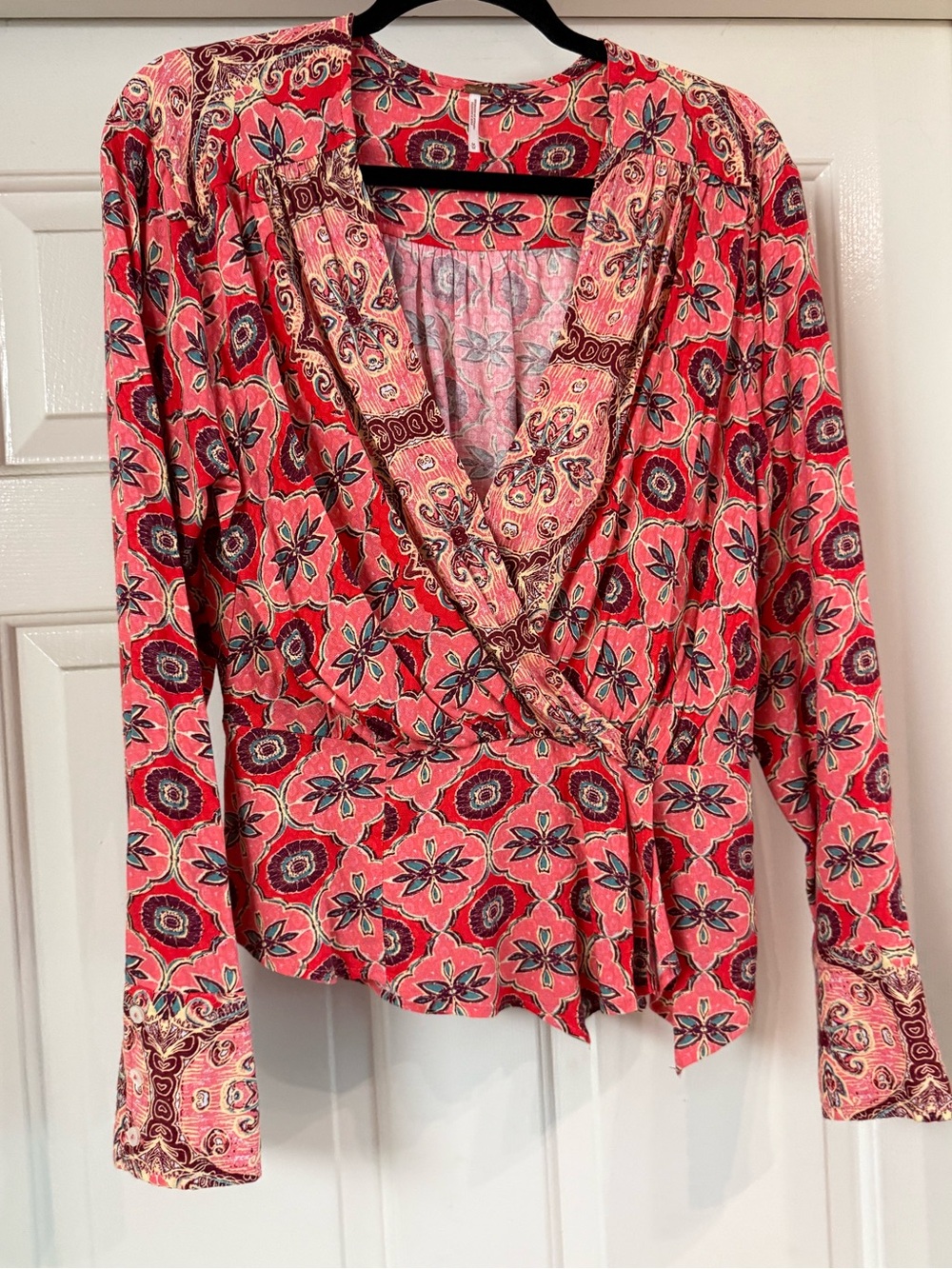Free People Coral-Pink Floral Wrap Blouse